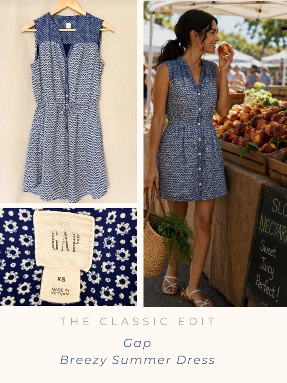 GAP Navy & White Floral Sleeveless Dress | Button Front | Tie Waist | Pockets